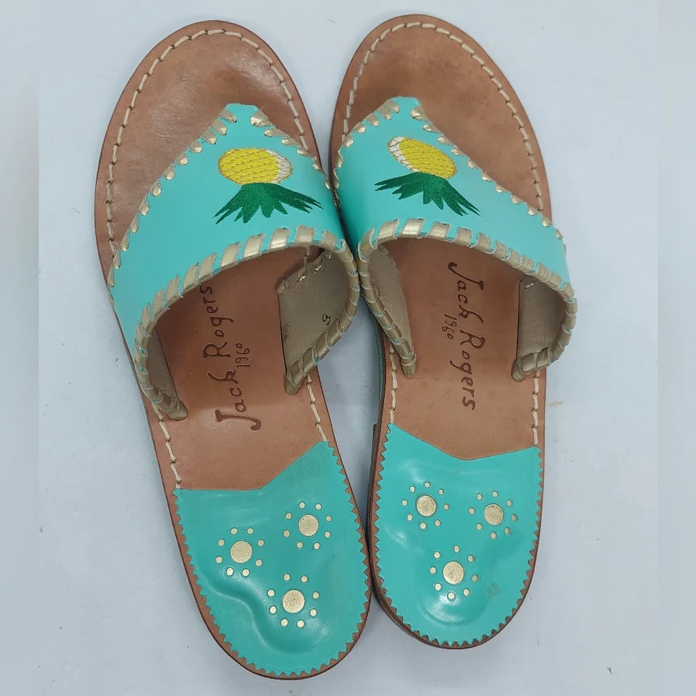 Jack Rogers Sandals Embroidered Pineapple Turquoise Leather Women's Size 9